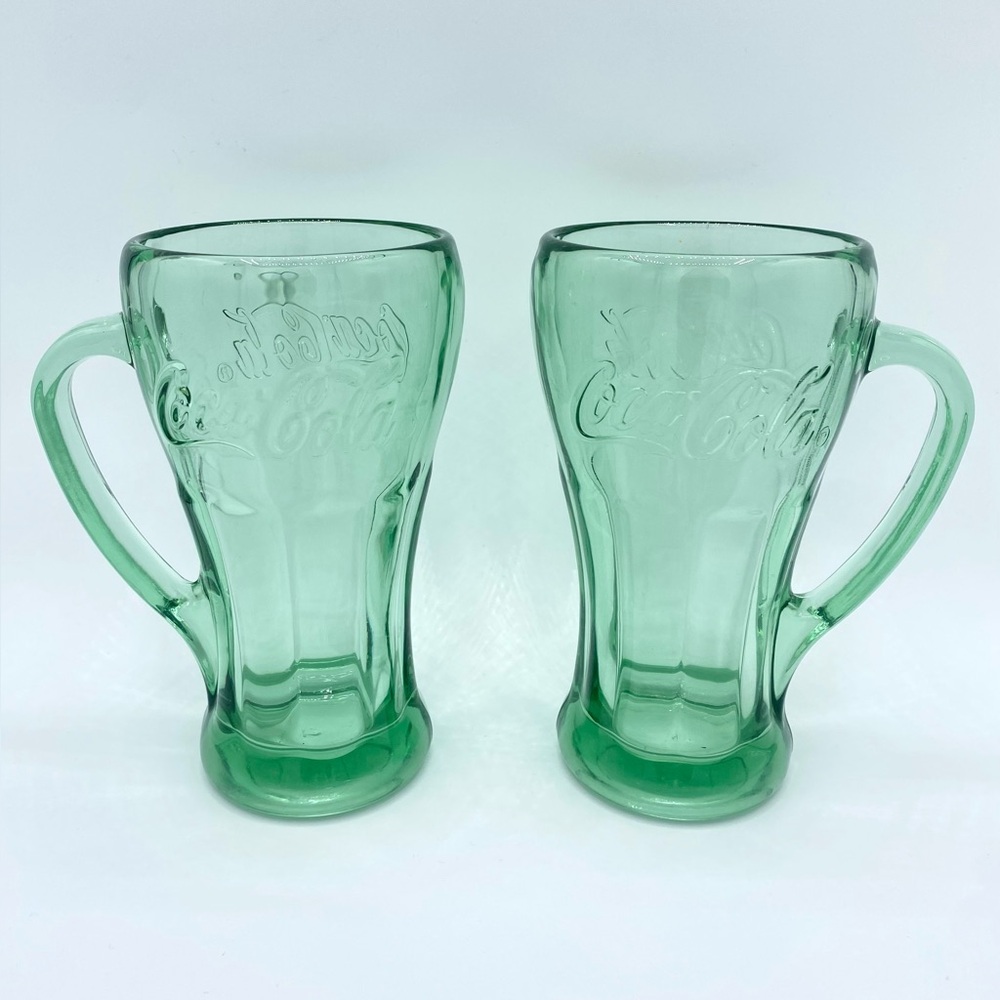 Vintage (Set of 2) Green Coca-Cola Glass with Handle Mugs 14 oz Heavy Embossed